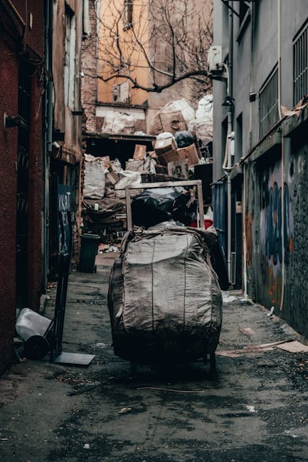 A narrow alleyway filled with accumulated rubbish and waste materials, featuring a large black trash bag and a wheeled bin positioned centrally in the foreground. Behind these, there are numerous cardboard boxes, black plastic bags, and loose debris piled up against a makeshift wall constructed from various discarded items, including wooden pallets and bundled trash. The alley is bordered by tall, weathered buildings on either side, with graffiti visible on the right wall and graffiti on the left side, suggesting an urban environment. Bare tree branches extend over the scene from the background, with a pale, overcast sky casting diffuse lighting over the area. The ground is stained and uneven, reflecting neglect and lack of regular waste clearance. This scene highlights the importance of private rubbish removal services, such as those offered by Rubbish Removal Harrow, for managing waste in urban backstreets and alleyways where street cleaning may not be frequent or sufficient.