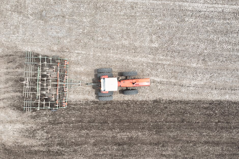 An aerial view of a small orange tractor with large black rubber tires working on a large, flattened expanse of soil or earth, which appears to be a construction or landscaping site. Attached to the tractor is a metal rake or cultivator with multiple tines, used for aerating or loosening the soil. The ground shows evenly spread, fine-textured soil with subtle parallel lines, indicating recent or ongoing work. The environment is outdoors with no visible vegetation or structures, suggesting an open area dedicated to land preparation or soil management. The lighting appears natural, possibly during daylight hours, with even illumination across the scene. This scene exemplifies aspects of site clearance or land preparation, relevant to waste and debris removal services provided by companies such as Rubbish Removal Harrow, showcasing the use of machinery for efficient site cleanup or preparation for development projects.